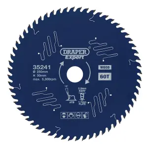 Draper Expert TCT Circular Saw Blade for Wood with PTFE Coating, 250 x 30mm, 60T 35241