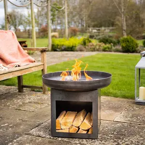 Laguna Fire Pit Bowl & Log Store - Weatherproof Metal Outdoor Garden Log Wood Burner with Brushed Oil Finish - H50 x 60cm Diameter