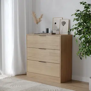 URBNLIVING Width 80cm Oak Colour Chest of 3 Drawers Modern Compact Storage Bedside Metal Handle Cabinet Bedroom Furniture