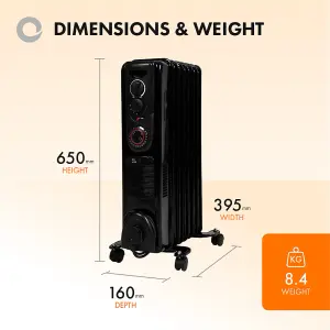 Devola Oil Filled Radiator 2000W 7 Fin Black Electric Portable Fan Heater Timer