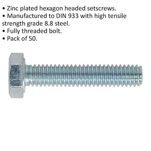 50 Pack High Tensile M4 x 20mm Setscrews - Grade 8.8 Zinc Plated Fully Threaded DIN 933