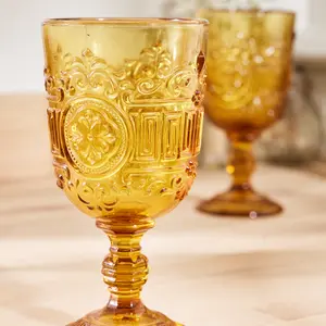 Set of 8 Vintage Luxury Amber Embossed Drinking Wine Glass Goblets Gifts Ideas 300ml