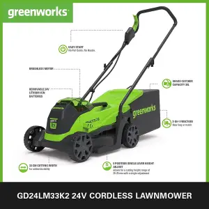 Greenworks Tools 24V 33cm (13") Lawnmower includes 2Ah battery & 2Ah charger