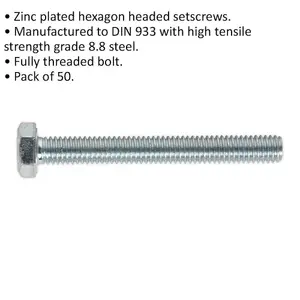 50 Pack M6 x 50mm Zinc Setscrews - Grade 8.8 Fully Threaded DIN 933