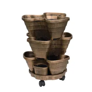 Outdoor Planter 3 Tiered Plant Pot Self Watering with Wheels Bronze Effect