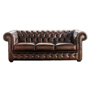 Chesterfield 3 Seater Antique Light Rust Leather Sofa Bespoke In Classic Style