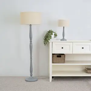 ValueLights Victoria Traditional Grey Wood Candlestick Floor Lamp with Natural Drum Shade