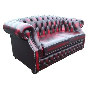 Chesterfield 2 Seater Antique Oxblood Red Leather Sofa Bespoke In Buckingham Style