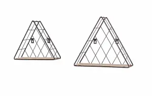 Loft triangle set of 2 display shelf set - black metal and wood effect