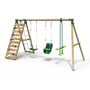 Rebo Wooden Swing Set with Up and Over Climbing Wall - Sienna Green