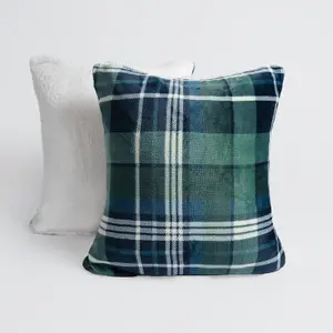 Tartan Check Cushion Covers 4 Pack Case Flannel Fleece Set, 45 x 45cm - Green