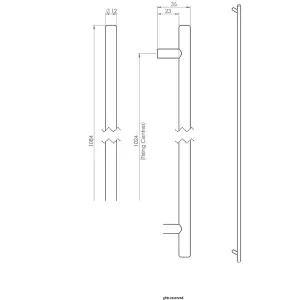 Round T Bar Cabinet Pull Handle 1084 x 12mm 1024mm Fixing Centres Satin Nickel