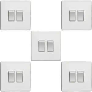 5 PACK 2 Gang Double Light Switch SCREWLESS MATT WHITE 2 Way 10A Slim Rocker