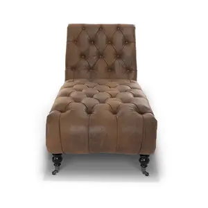 Chaise Lounge in Faux Leather Suede Brown Chesterfield