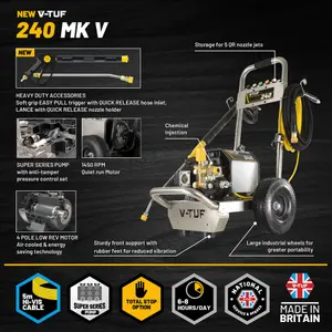 V-TUF 240T - 240v Compact, Industrial, Mobile Electric Pressure Washer - 1450psi, 100Bar, 12L/min (TOTAL STOP)