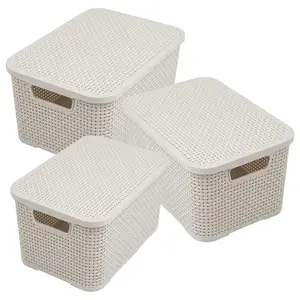 2 x Nature Inspired Cream Home & Office Rattan Effect Storage Baskets With Lids