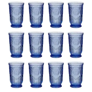 Set of 12 Luxury Embossed Blue Tall Drinking Glass Tumblers 330ml