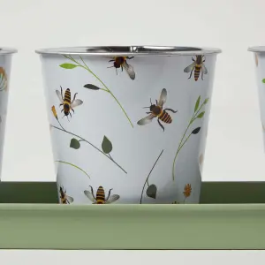 HOMESCAPES Set of 3 Green and White Indoor Plant Pots with Floral Bee Design