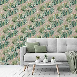 Grandeco Pink Palm Leaves Embossed Wallpaper