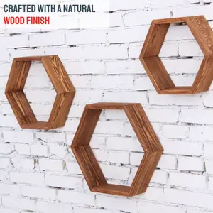 Rustic Hexagon Shelves for Wall Set of 3 Honeycomb Wooden Shelf - Farmhouse Storage Home Decor Floating Shelves - Driftwood Finish