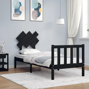 Berkfield Bed Frame with Headboard Black Small Single Solid Wood