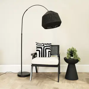 ValueLights Louis Black Arched Curved Floor Lamp with Black Paper Lamp Shade