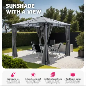 Gazebo Caracas - 3 x 3 m, 4 side panels, weather & UV-resistant, translucent roof - grey