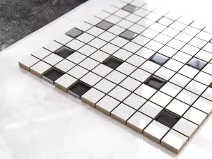 Ceramic mosaic with glass inserts on mesh for bathroom or kitchen 300mm x 300mm - White-graphite