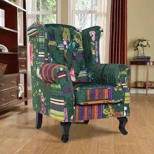 Fabric Green Patchwork Chesterfield Wingback Chair