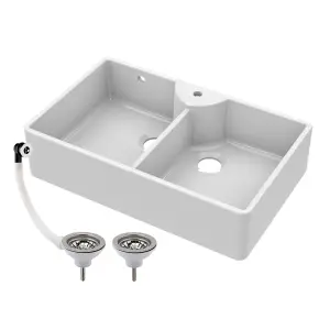 895mm - Double Bowl Fireclay Butler Kitchen Sink - Stepped Weir, Tap Hole & Waste