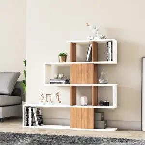 Karlin Geometric Bookcase Bookshelf Shelving Unit White/Teak