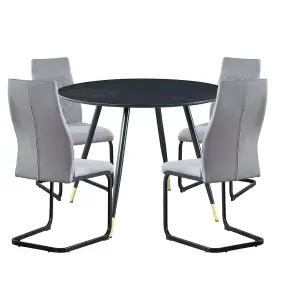 Hallowood Furniture Finley Small Round Dining Table in Black Finish with 4 High Back Light Grey Fabric Chairs