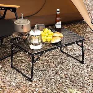 Black Aluminum Alloy Portable Outdoor Folding Camping Table with Mesh Top, Stability Brackets, and Storage Bag