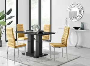 Furniturebox Imperia 4 Modern Black High Gloss Dining Table and 4 Mustard Velvet Milan Chairs