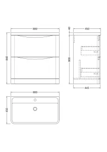 Floor Standing 2 Drawer Vanity Basin Unit with Polymarble Basin, 800mm - Satin Grey