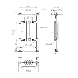 Rinse Traditional Victorian 952x479mm Heated Towel Rail Bathroom Radiator Chrome & Anthracite