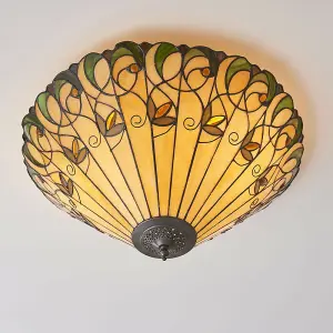 Tiffany Glass Semi Flush Ceiling Light Amber Floral Inverted Round Shade i00051