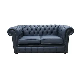 Chesterfield 2 Seater Shelly Suffolk Blue Real Leather Sofa Settee Bespoke In Classic Style