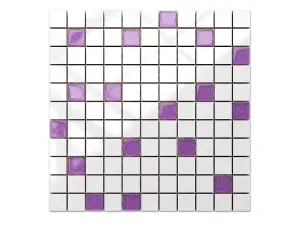 Ceramic mosaic with glass inserts on mesh for bathroom or kitchen 300mm x 300mm - White-violet