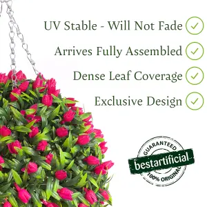 Pair of Best Artificial 28cm Pink Tulip Hanging Basket Flower Topiary Ball - Suitable for Outdoor Use - Weather & Fade Resistant