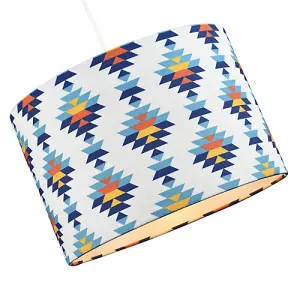 Colourful Boho Geometric 12 Inch Drum Lamp Shade in White with Blues and Oranges