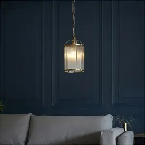 Hanging Ceiling Pendant Light - Antique Brass Plate & Clear Ribbed Glass - 10W LED E27