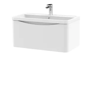 Wall Hung 1 Drawer Vanity Basin Unit with Polymarble Basin, 800mm - Satin White