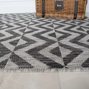 Charcoal Grey Geometric Flatweave Indoor Outdoor Rug 200x290cm