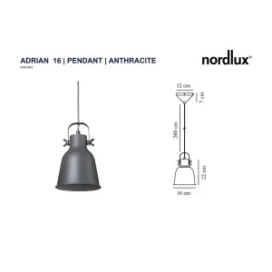 Nordlux Adrian 16 Indoor Living Dining Bedroom Pendant Ceiling Light in Anthracite (Diam) 16cm