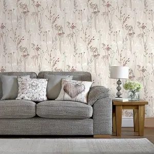 GoodHome Pio Cream & red Floral Textured Wallpaper