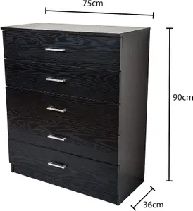 Black Chest of 5 Drawers Wood With Anti Bowing Support 90 x 75 x 36 cm