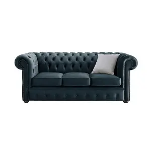 Chesterfield 3 Seater Malta Peacock Blue Velvet Fabric Sofa In Classic Style