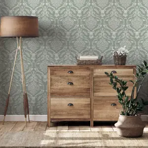 Stag Damask Sage Green Wallpaper