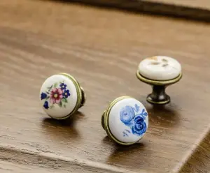 Multi coloured ceramic knobs drawer pull cupboard door knobs porcelain china Pink Flower Brass